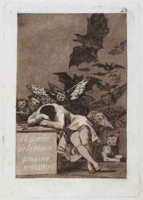 Francisco de Goya, "El sueño de la razón produce monstruos" (Serie Caprichos), 1796-1799 (13. edizioa / 13a edición, 1970 ). Obra presente en la exposición de San Sebastián.
