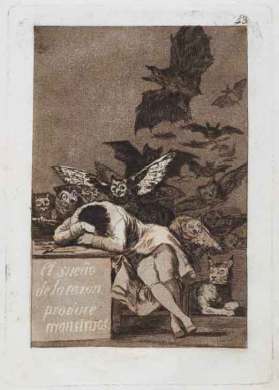 Francisco de Goya, "El sueño de la razón produce monstruos" (Serie Caprichos), 1796-1799 (13. edizioa / 13a edición, 1970 ). Obra presente en la exposición de San Sebastián.